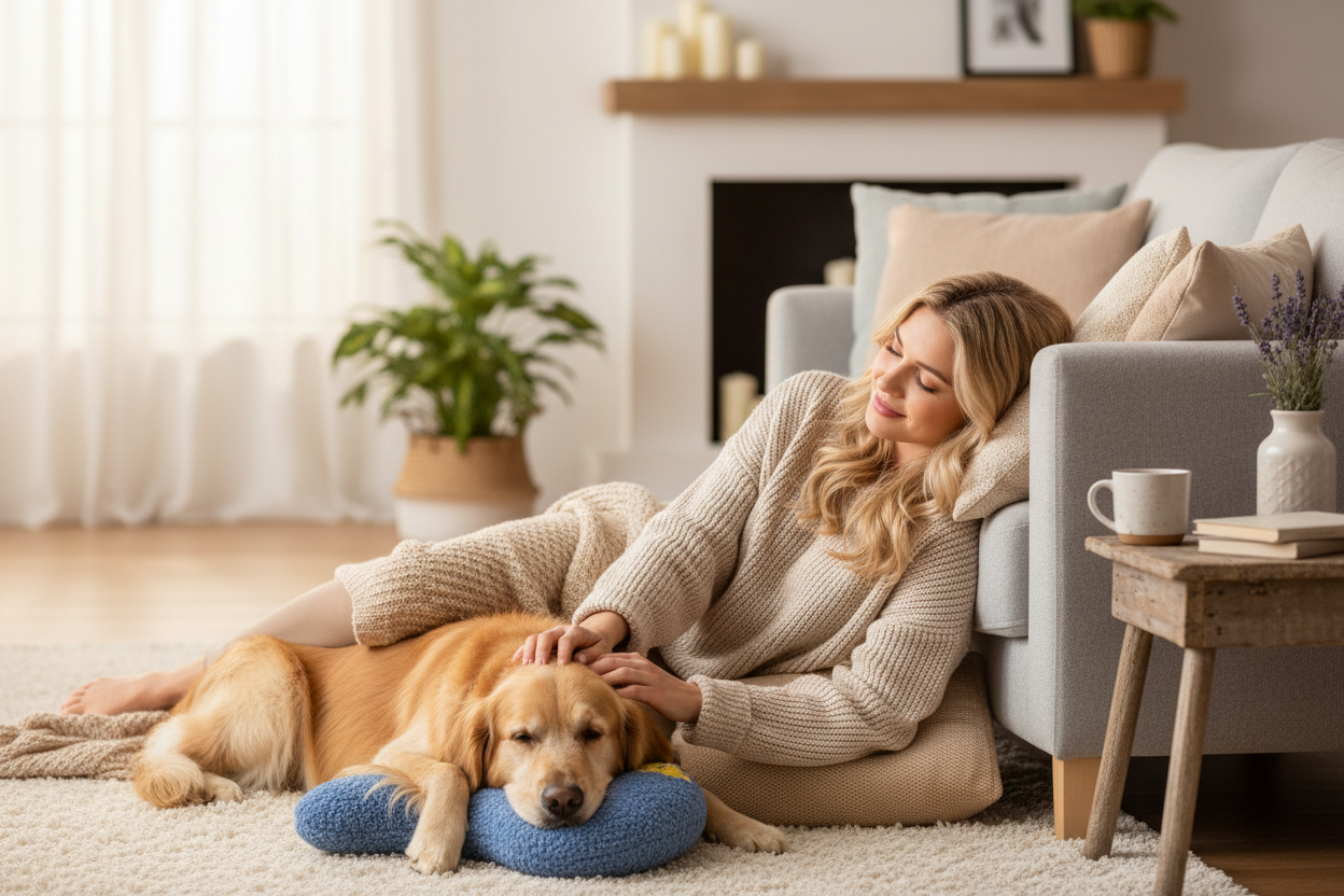 Belle blonde avec son chien sur le coussin