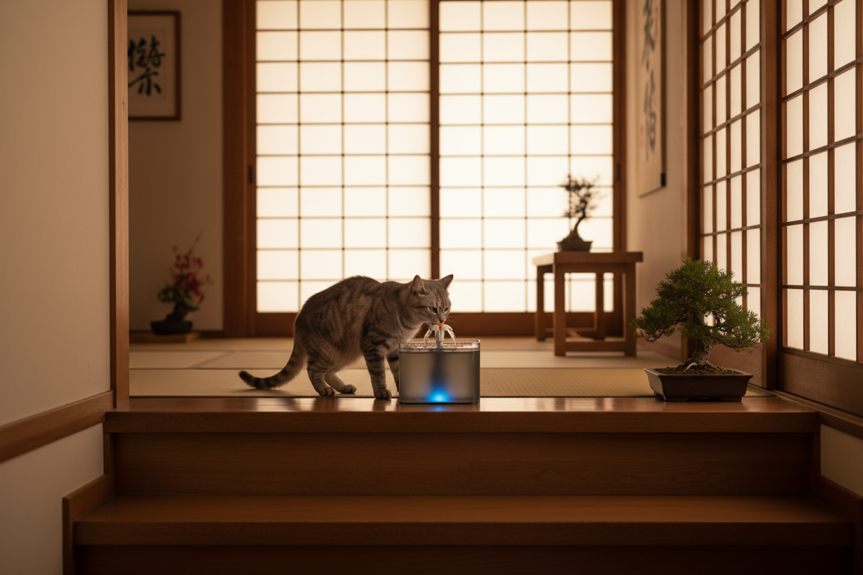 Chat buvant dans une fontaine - Décor japonais