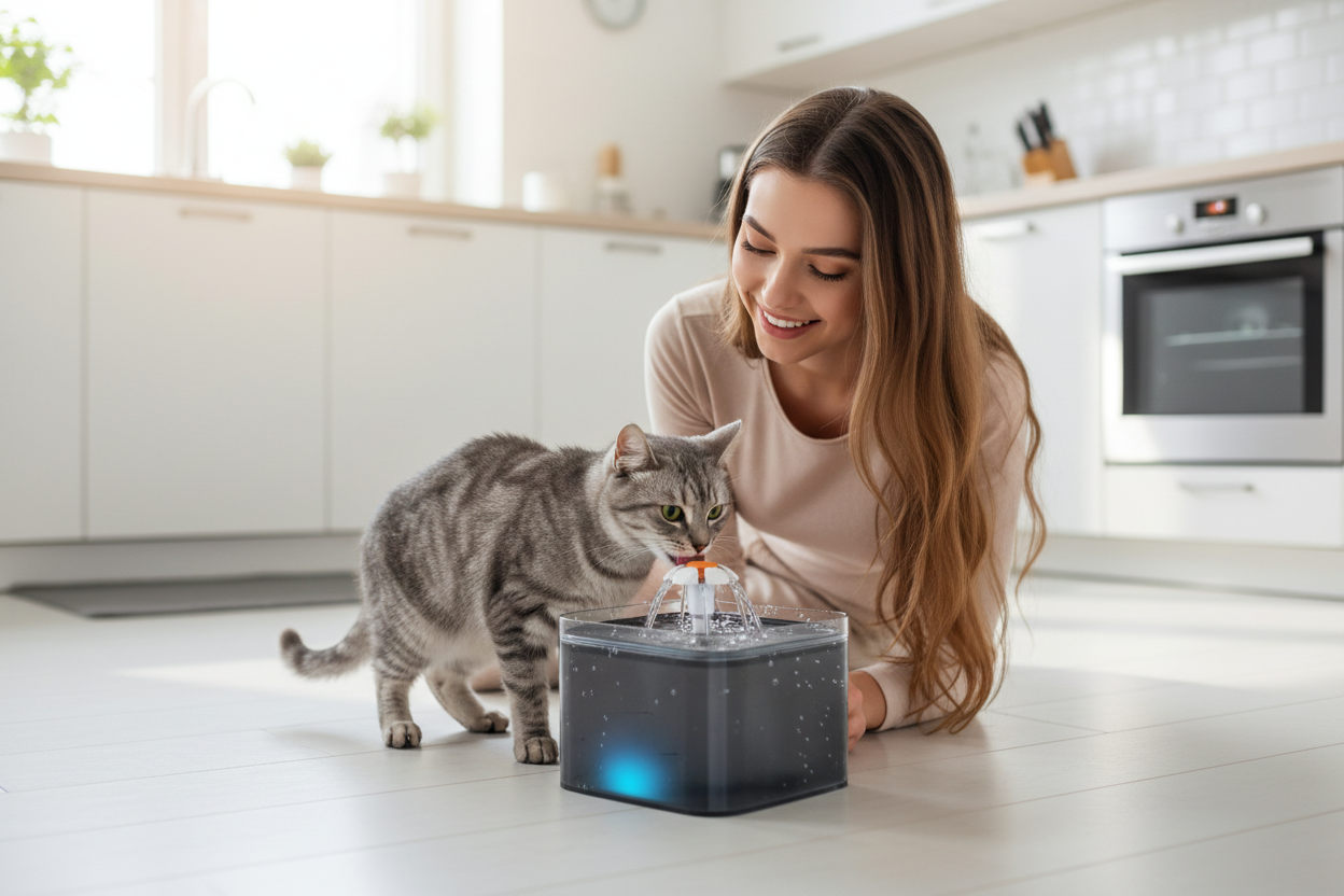 Chat s'hydratant à la fontaine avec sa maîtresse dans une cuisine moderne