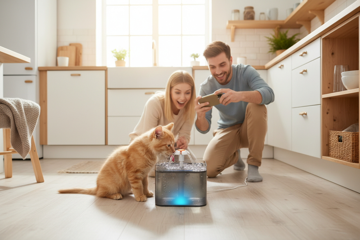 Chaton et chiot buvant ensemble - Cuisine scandinave