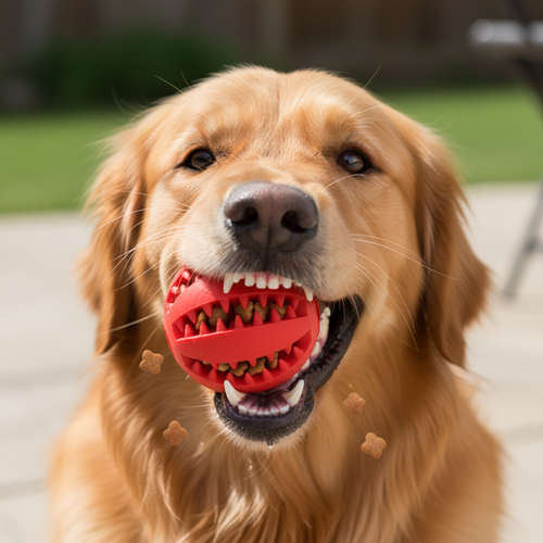 Chien se détartrant avec la balle rouge