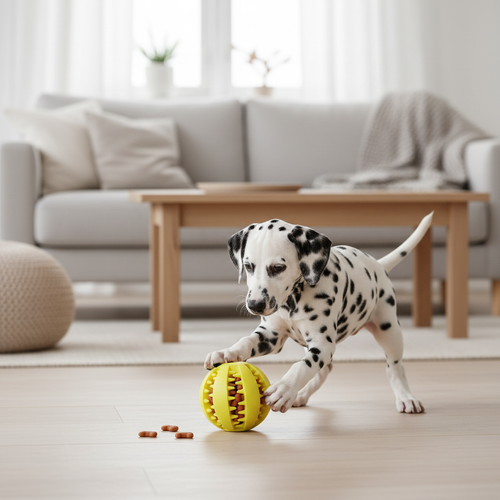 Chiot dalmatien avec balle jaune pleine de croquettes salon scandinave