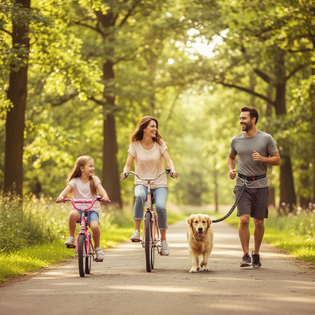 Famille en balade à vélo avec chien
