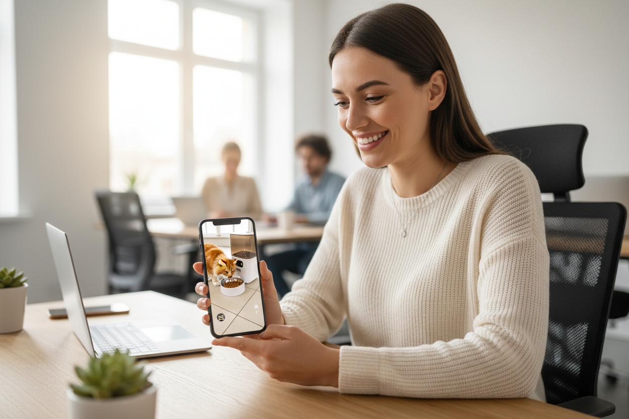 Femme au travail surveillant son chat à distance