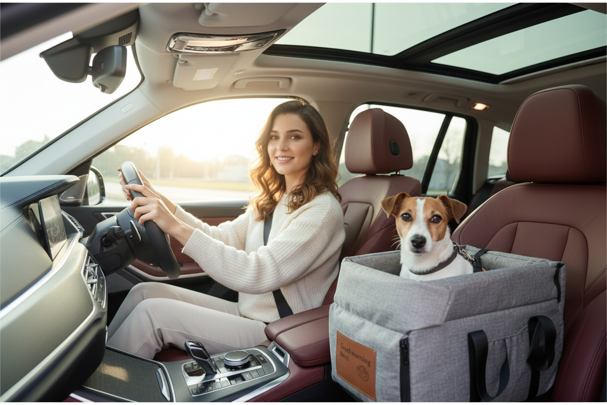 Femme conduisant avec Jack Russell dans le siège auto