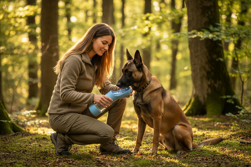 Femme donnant à manger à son malinois en forêt