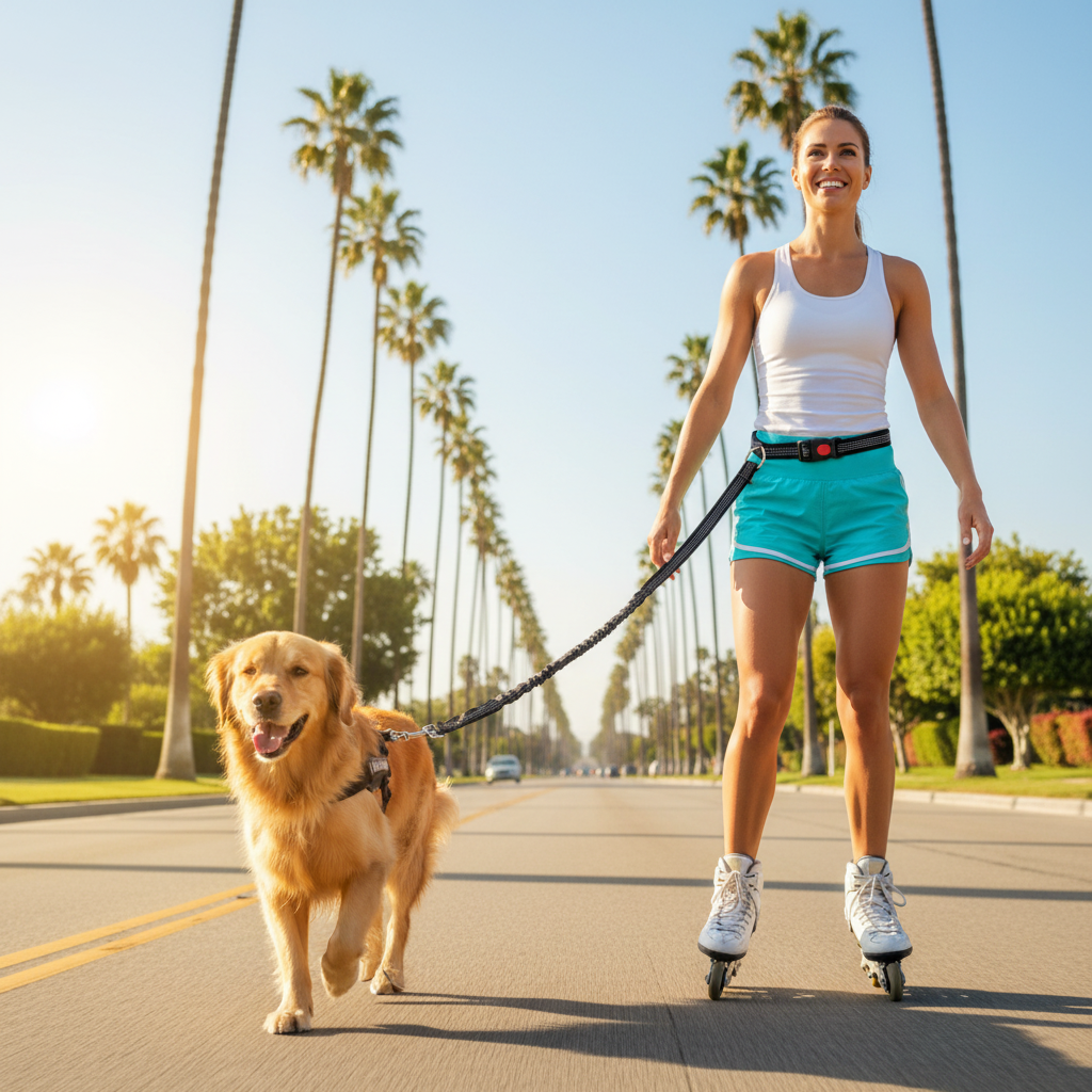 Femme faisant du roller avec son chien