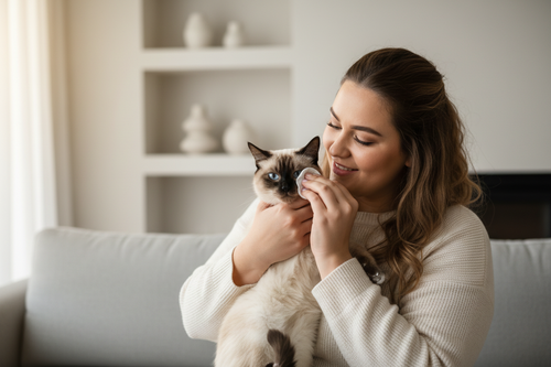 Femme nettoyant les yeux de son chat siamois