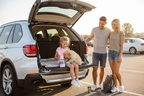 Fillette hydratant son chiot dans le coffre BMW ouvert - Parking