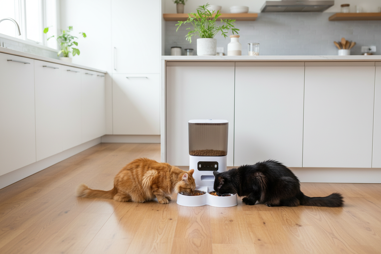 Gamelle automatique avec deux chats dans cuisine moderne