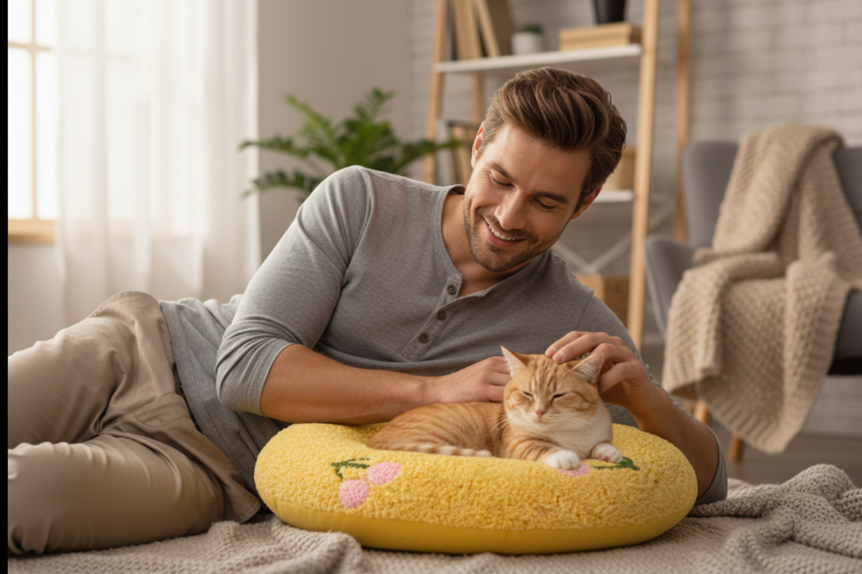 Homme avec chat sur coussin jaune plus petit