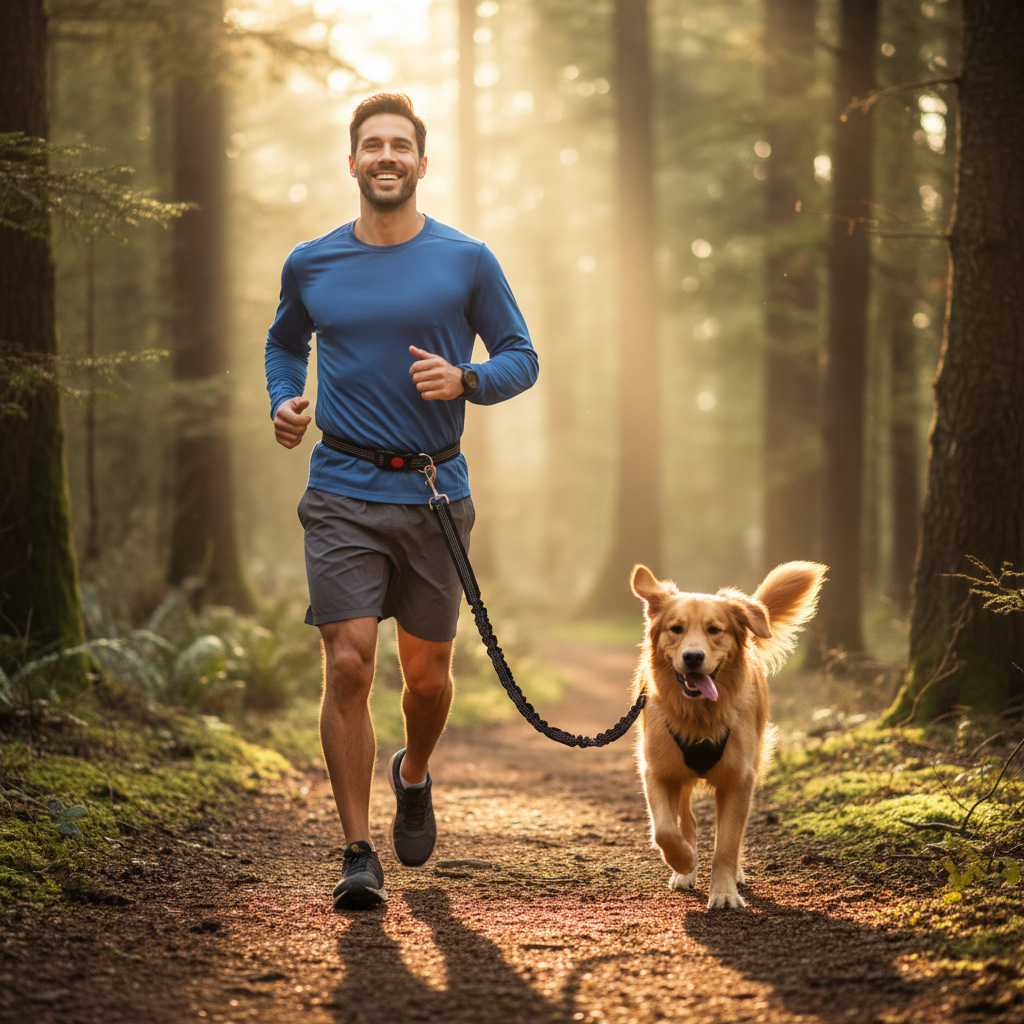 Homme courant avec son chien en forêt