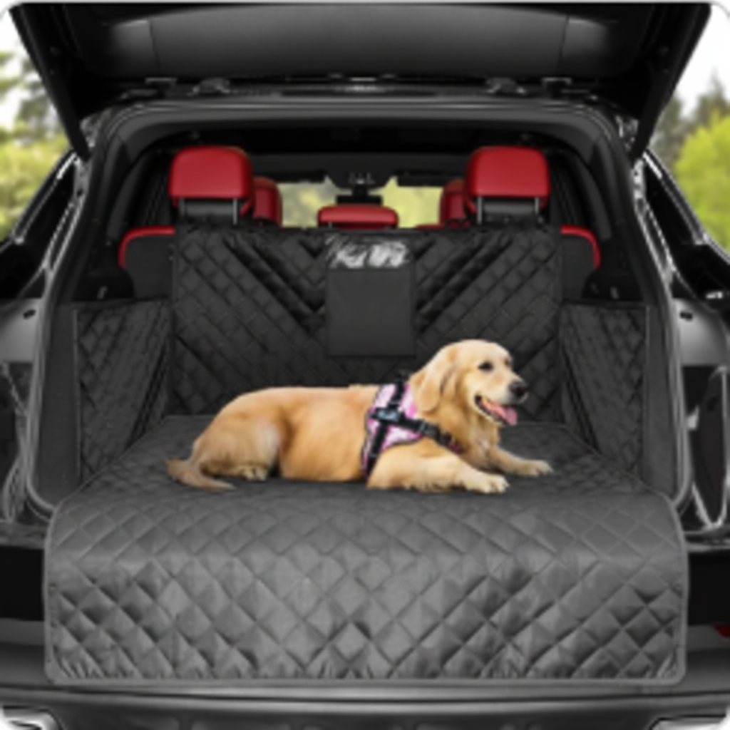 Chien Golden Retriever détendu dans le coffre d'un SUV sur une protection de siège imperméable