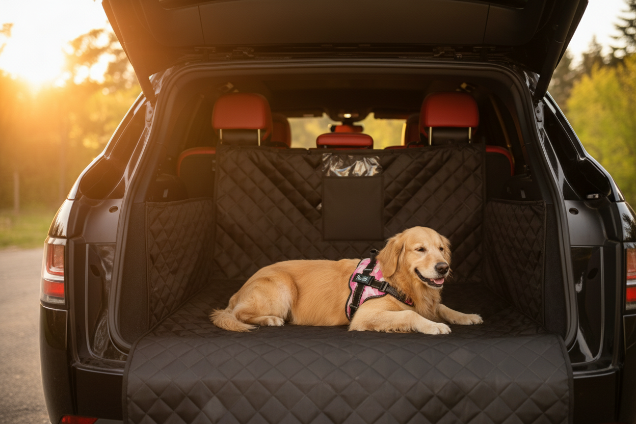 Chien paisible au coucher du soleil sur la protection de coffre imperméable - ambiance chaleureuse