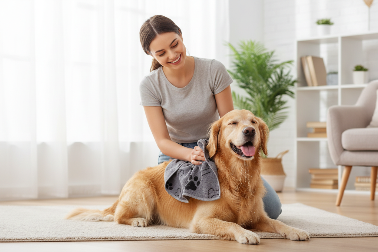 Femme séchant tendrement son chien avec la serviette microfibre à empreintes de pattes