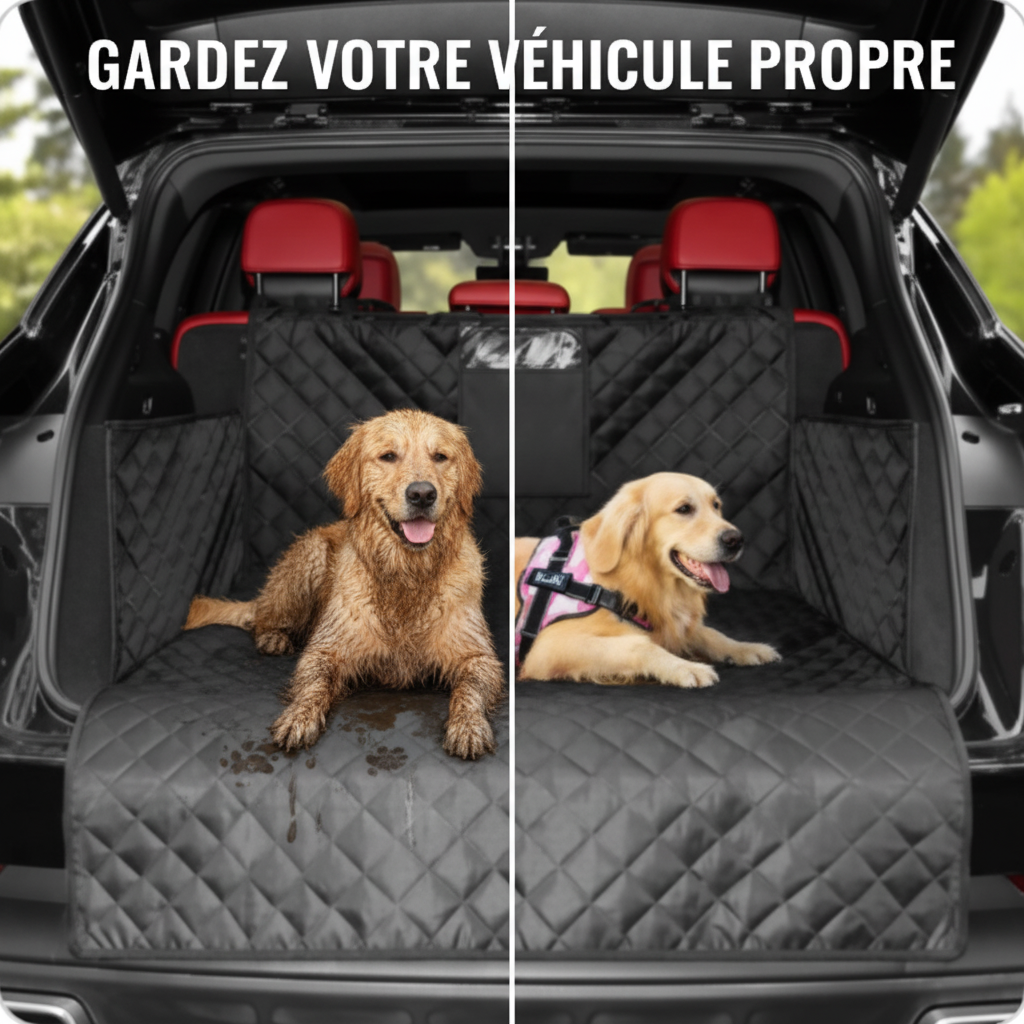 Chien boueux sur protection imperméable - Gardez votre véhicule propre malgré la boue