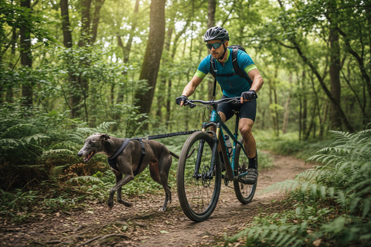 Maître en VTT avec lévrier en forêt